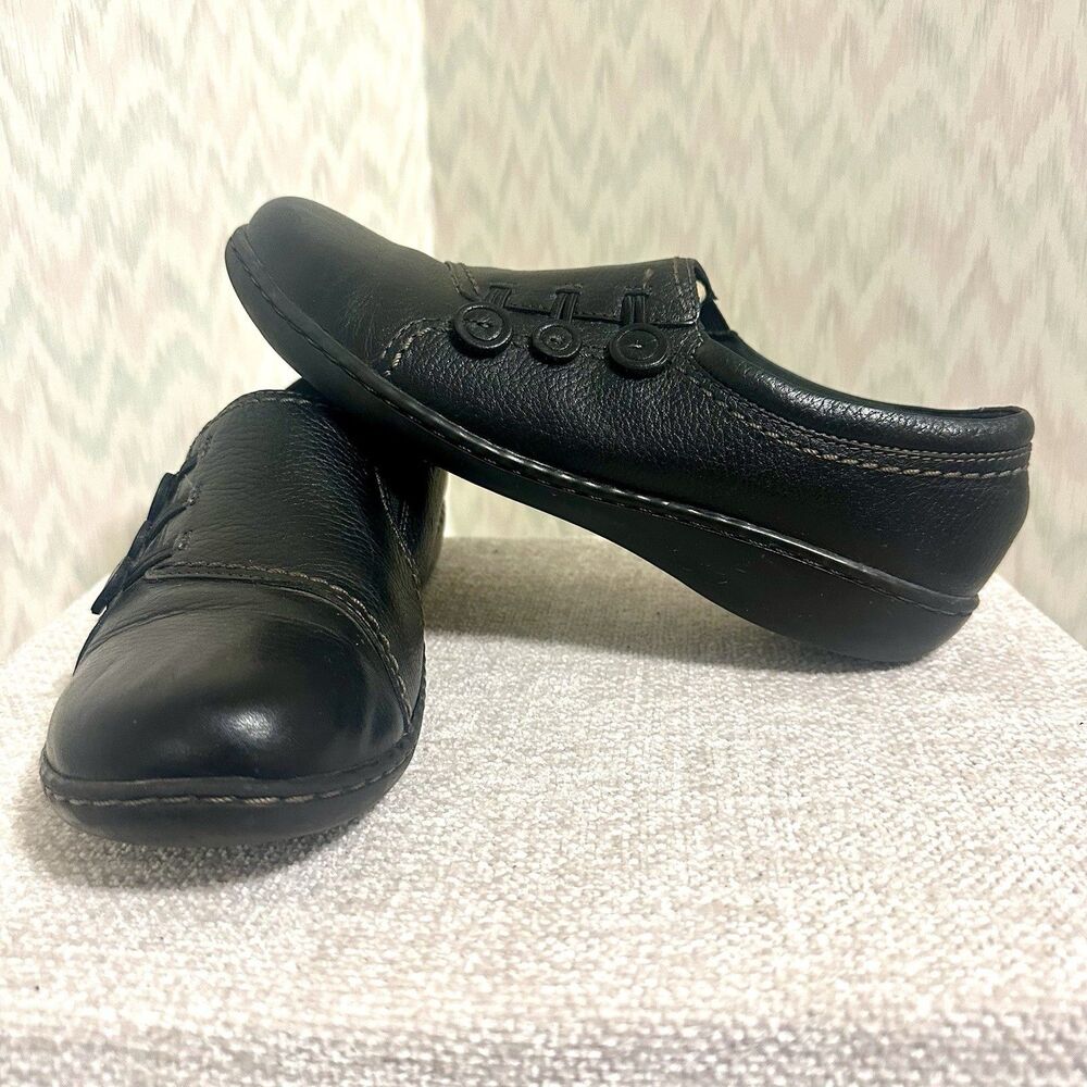 Clarks Womens Black Leather Slip On Comfort Shoes Cushion Soft Size 10